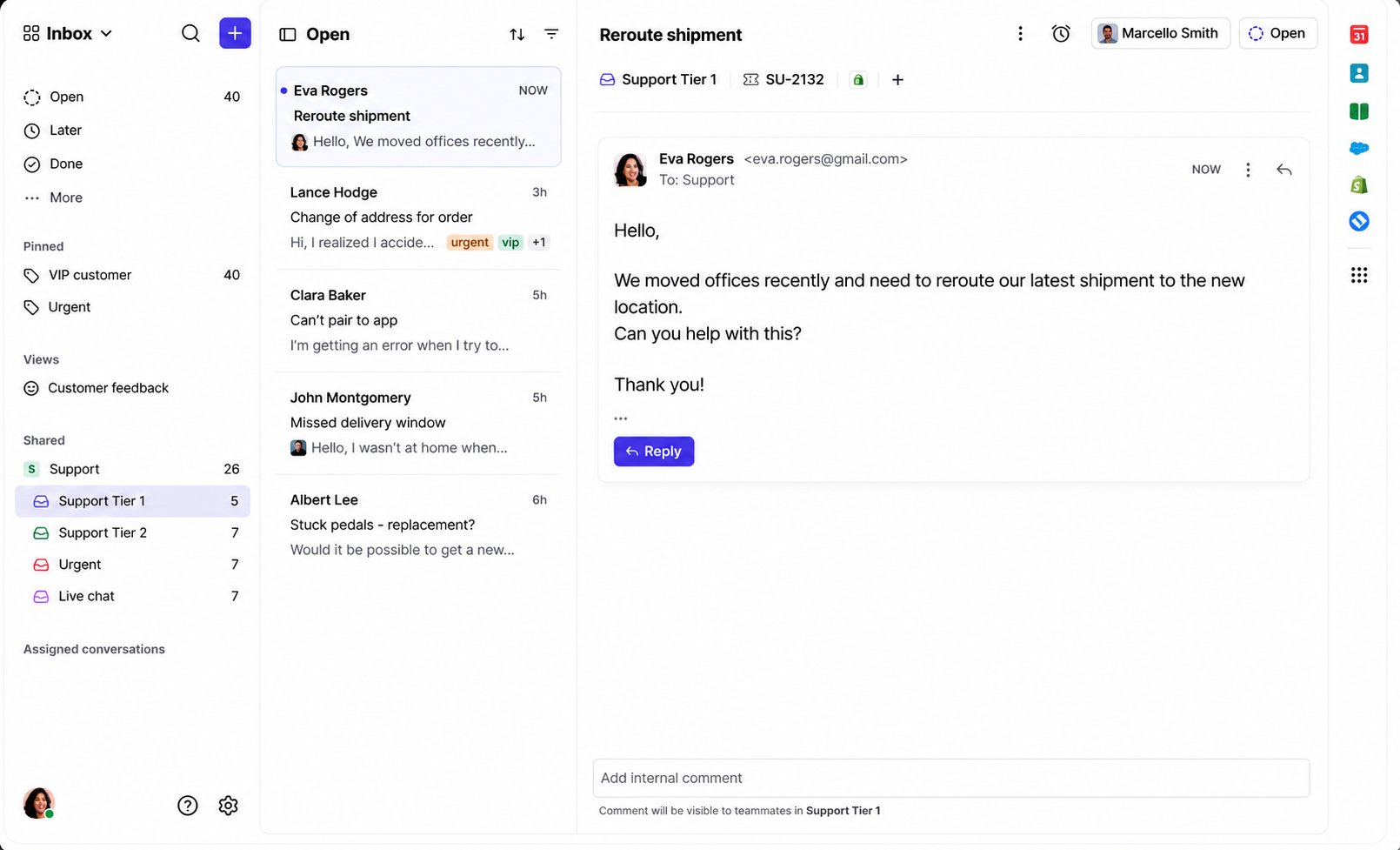 Front shared inbox with internal comments on a customer email
