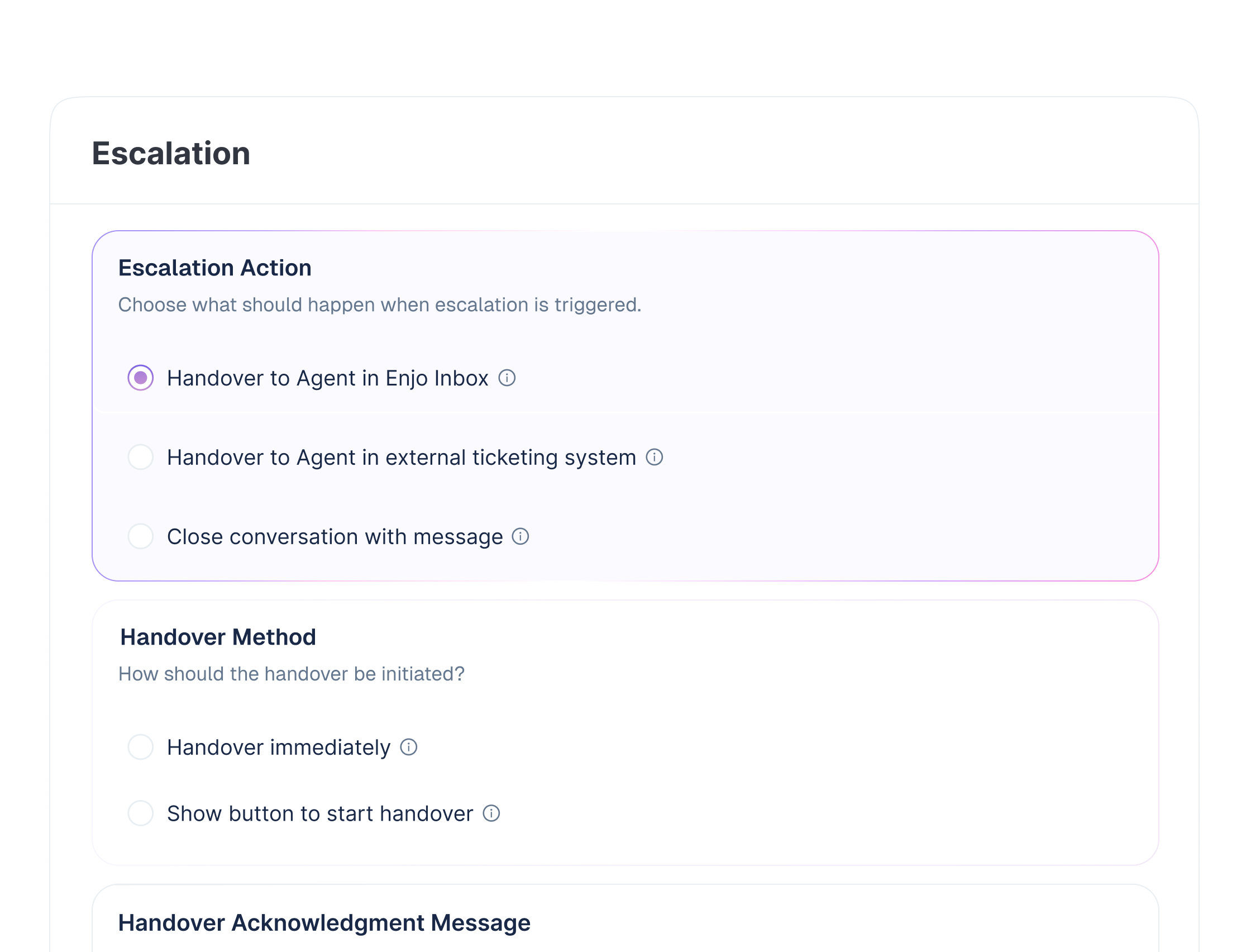 Enjo escalation settings: hand over to an agent in Enjo Inbox, hand over to an agent in an external ticketing system, or close the conversation, then choose the handover method and acknowledgment message.
