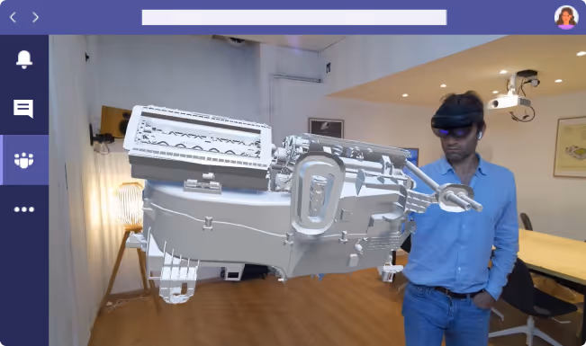 A Microsoft Teams view showing man presenting the 3D model of an engine.