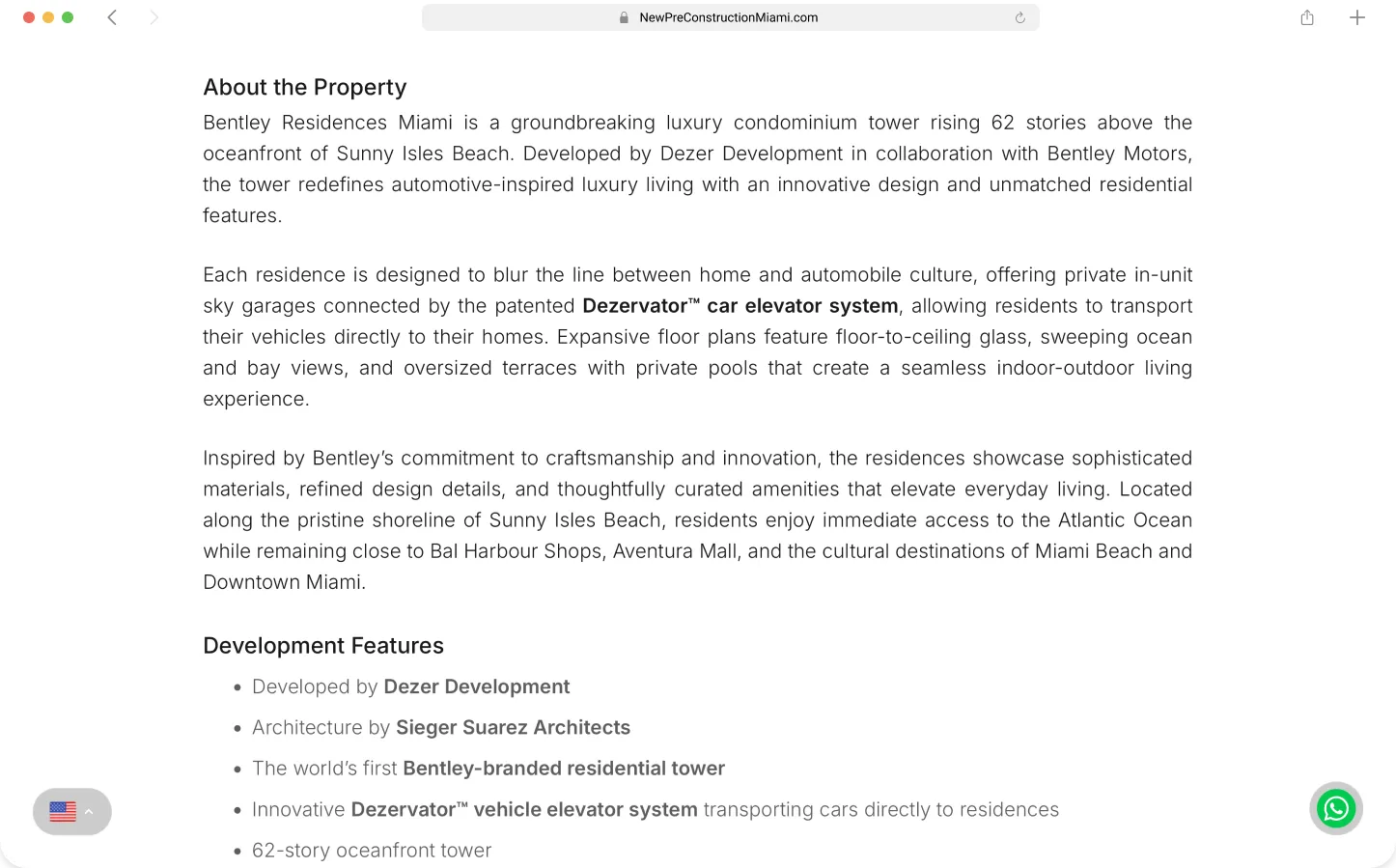 Property overview section with long-form description and development features list — Preconstruction Directory by Maikel Millo