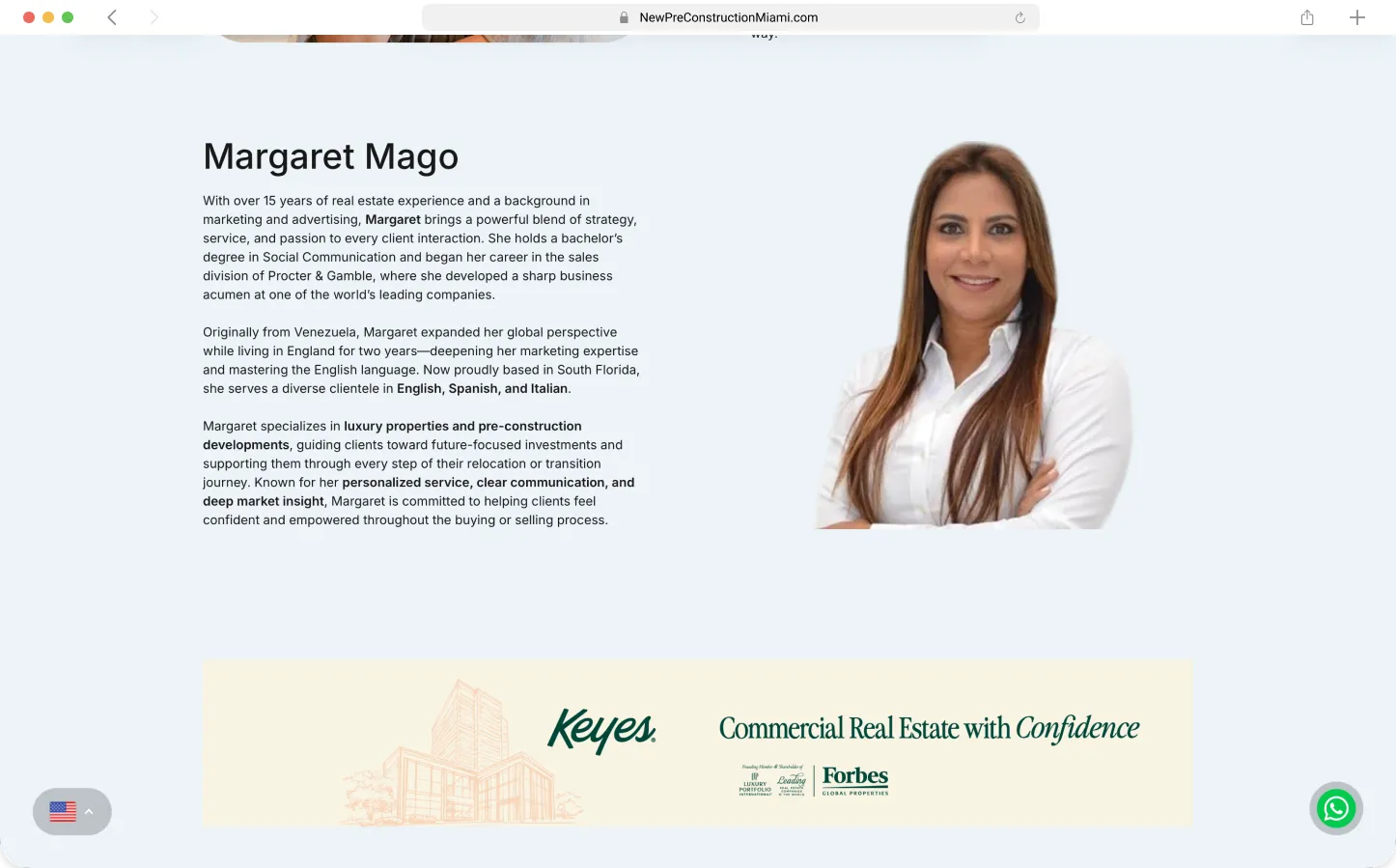 Agent detail section with bio copy and brokerage brand tile — Preconstruction Directory by Maikel Millo