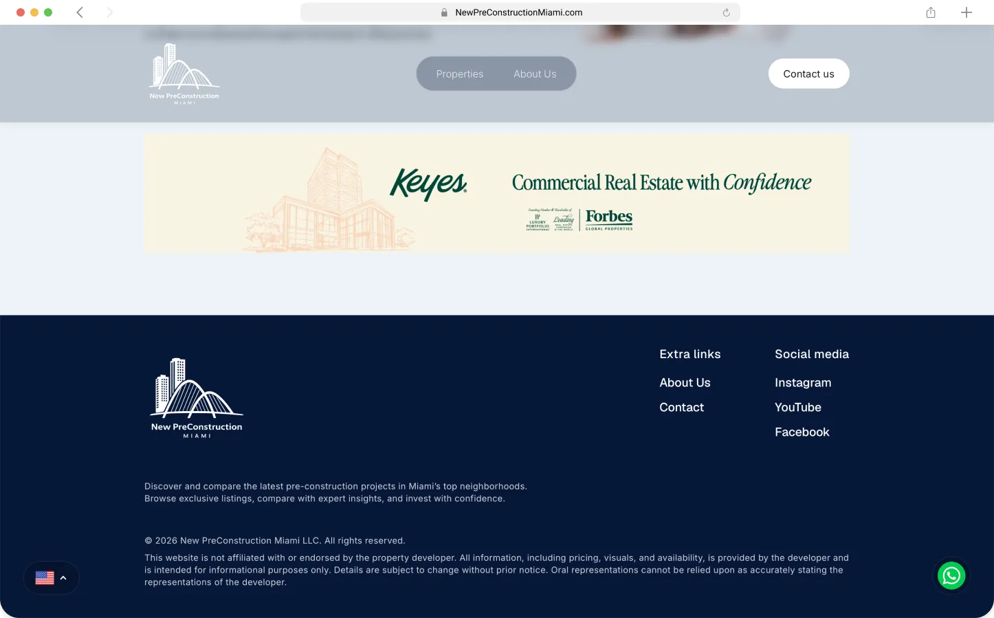 Brokerage affiliation banner section with partner logos and site footer — Preconstruction Directory by Maikel Millo