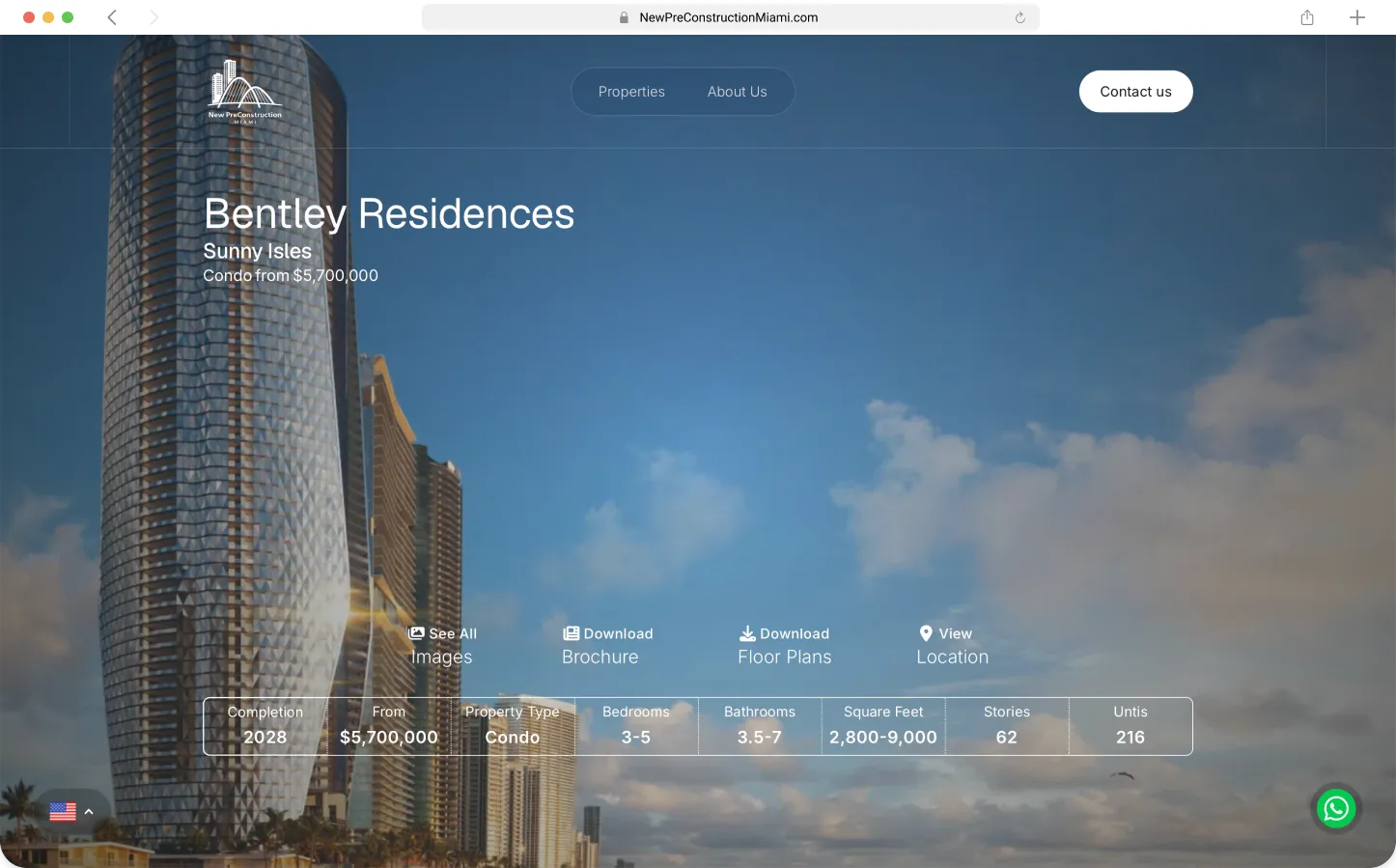 Property detail hero with full-screen slideshow, key specs bar, and quick-action links — Preconstruction Directory by Maikel Millo