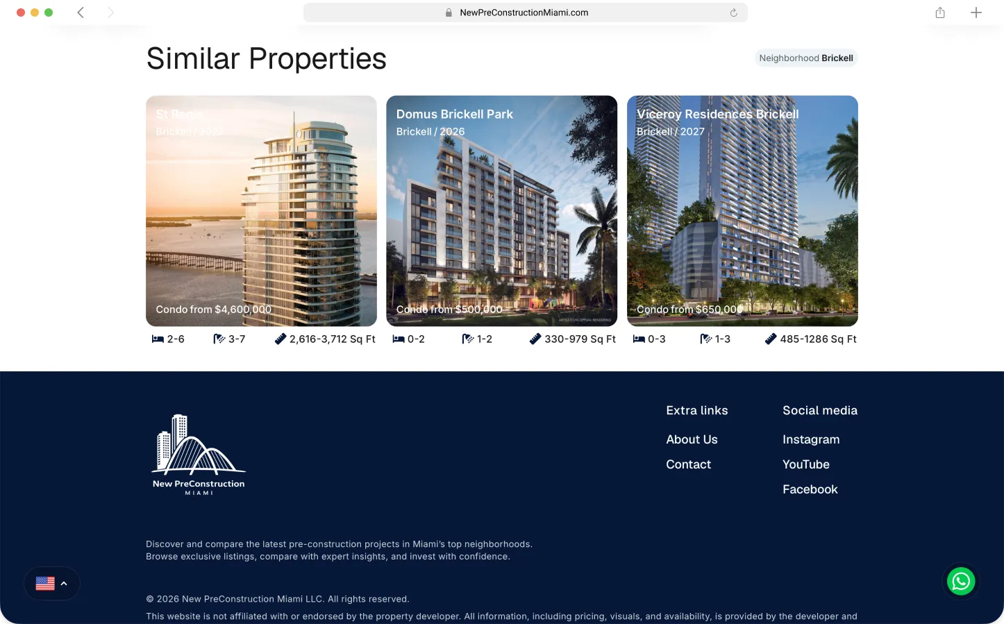 Recently added properties section with dynamic listing cards and site footer — Preconstruction Directory by Maikel Millo
