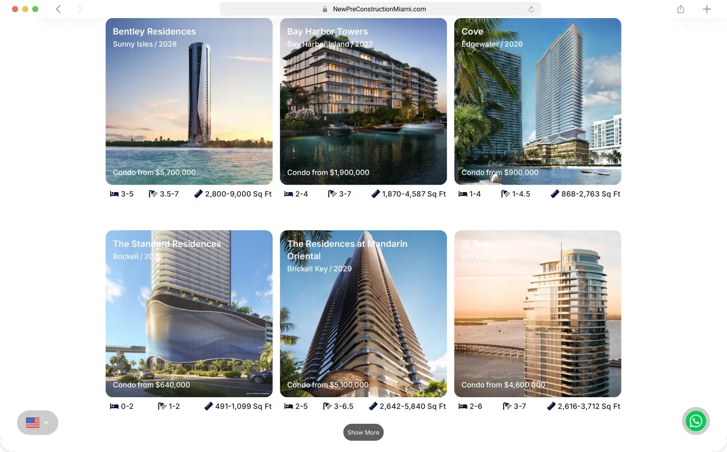 All properties grid with responsive listing cards and Show More pagination — Preconstruction Directory by Maikel Millo