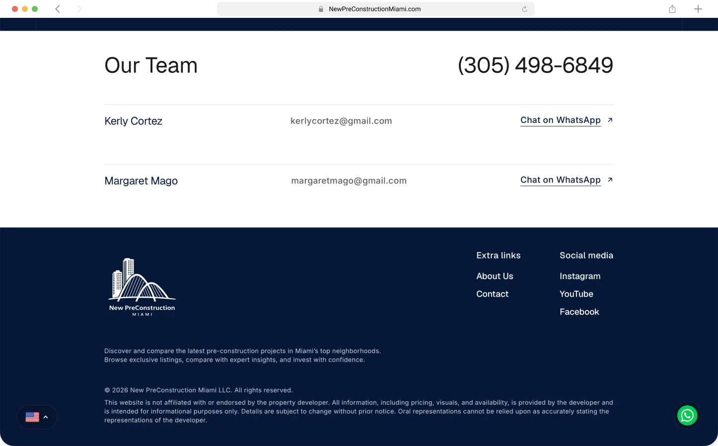 Team contact section with agent listings, WhatsApp CTA links, and site footer — Preconstruction Directory by Maikel Millo