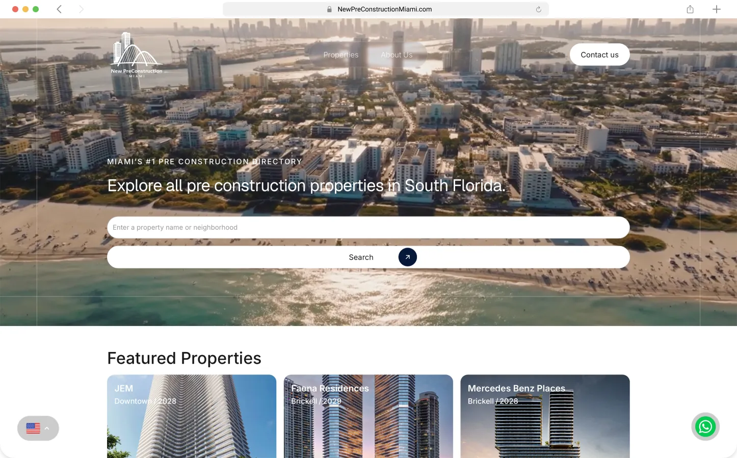 Hero section with full-bleed aerial background, headline, and property search bar — Preconstruction Directory by Maikel Millo