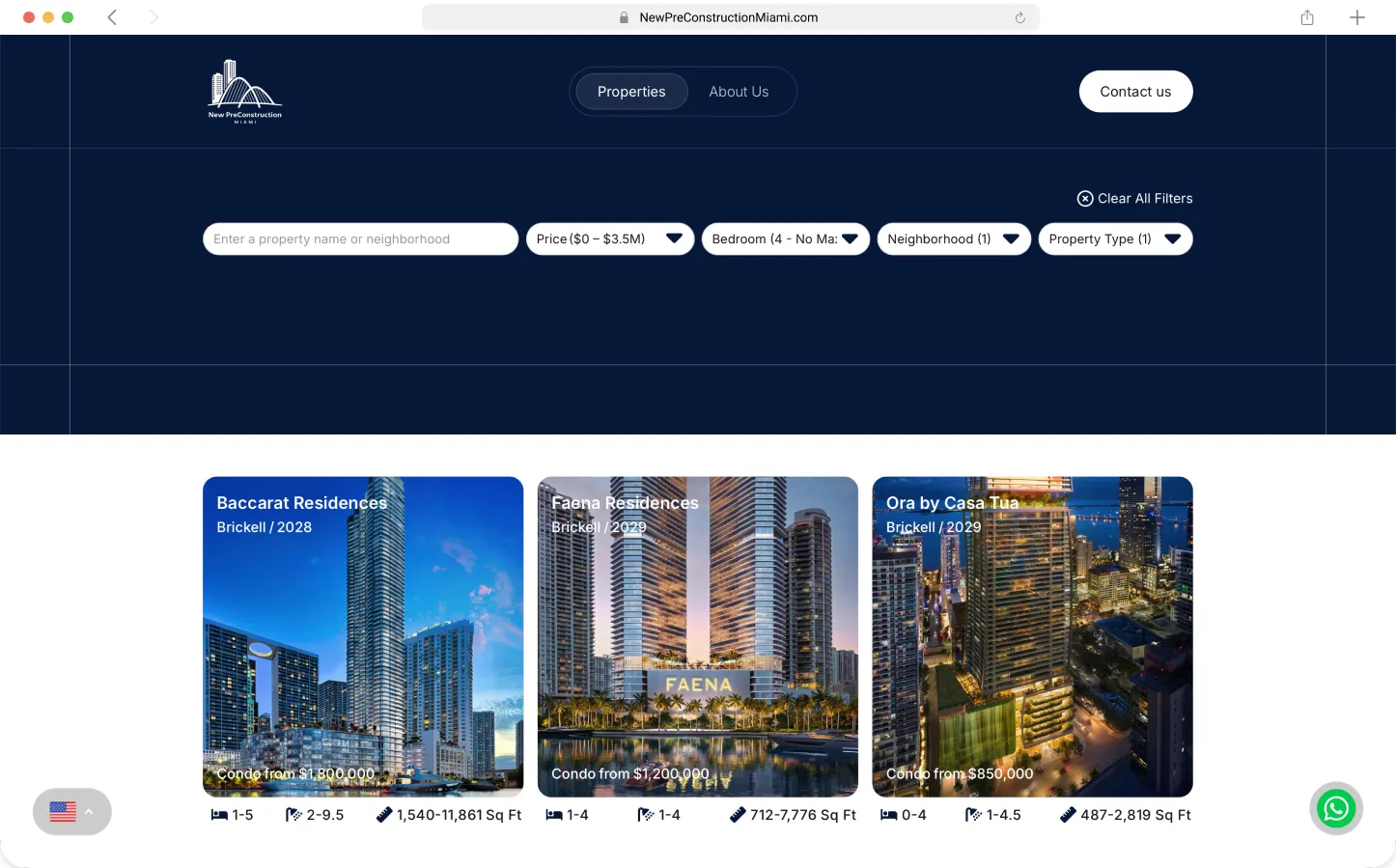 Active filter state on property directory showing filtered results — Preconstruction Directory by Maikel Millo
