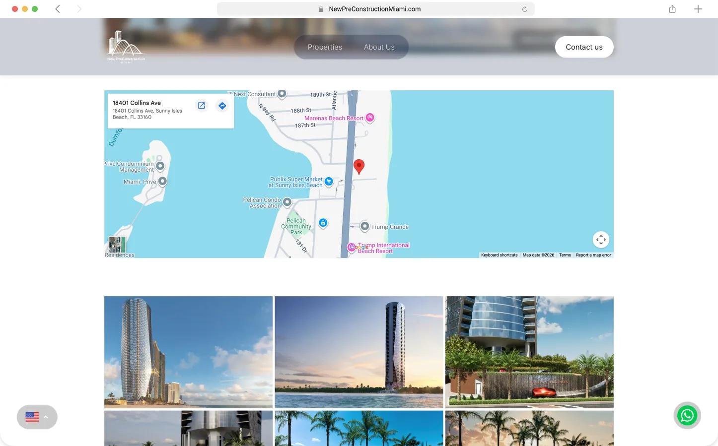 Location map section with address pin and photo gallery grid — Preconstruction Directory by Maikel Millo