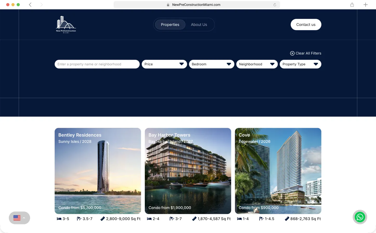 Property directory page with multi-filter UI — price, bedroom count, neighborhood, and property type dropdowns — Preconstruction Directory by Maikel Millo