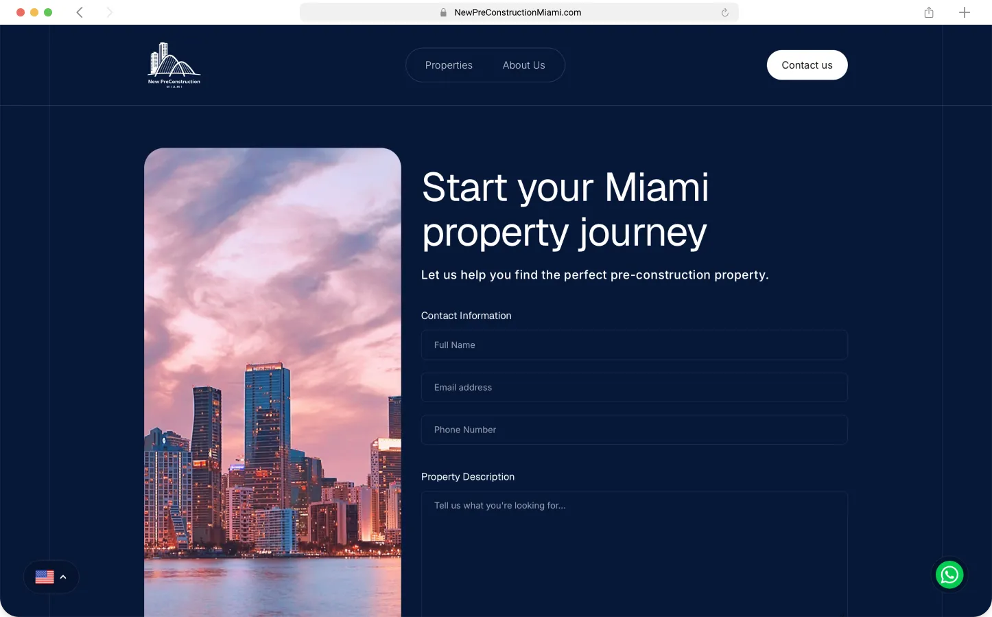 Contact page with lead capture form and decorative cityscape image panel — Preconstruction Directory by Maikel Millo