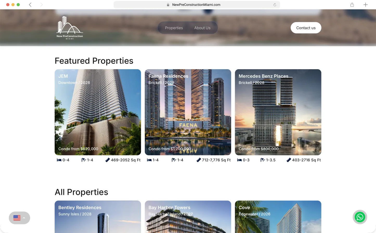 Featured properties section with dynamic listing cards showing price, bedrooms, and square footage — Preconstruction Directory by Maikel Millo