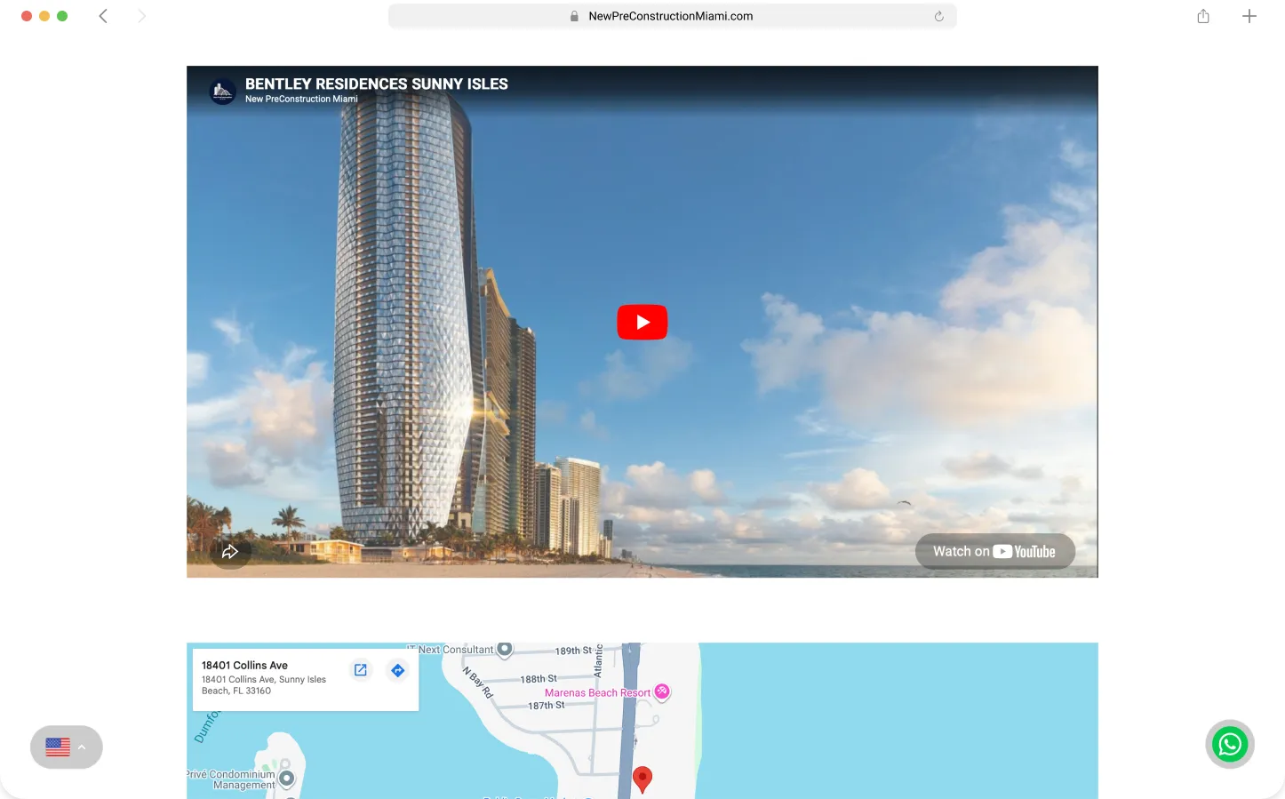Embedded YouTube video player and Google Maps integration on property detail page — Preconstruction Directory by Maikel Millo
