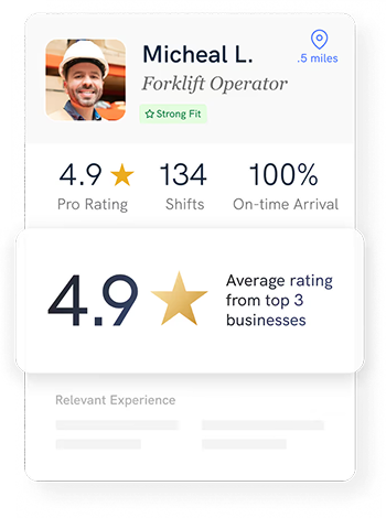 Profile card of Micheal L., forklift operator, 4.9 rating, 134 shifts, 100% on-time arrival, strong fit badge.