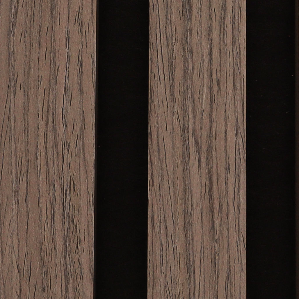 Close-up of vertical brown wooden slats with visible grain texture and black gaps between them.