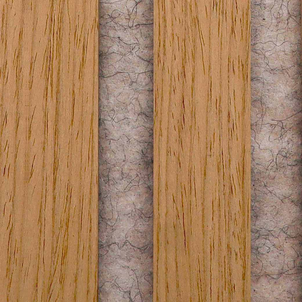 Close-up of wooden slats with textured grayish material visible between them.