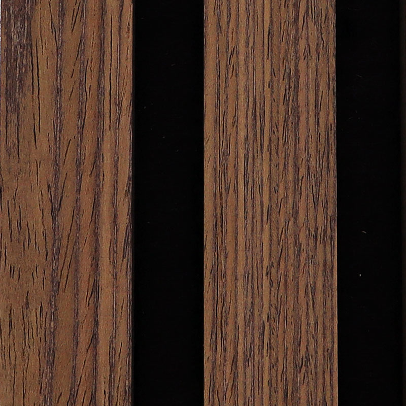 Close-up of two vertical wooden planks with dark grain patterns separated by a black gap.
