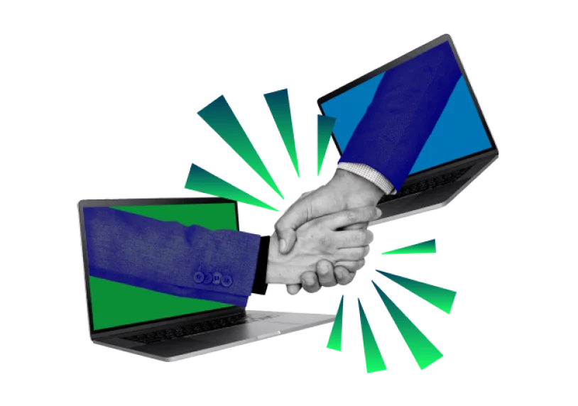 someone shaking hands with a laptop computer in front of them