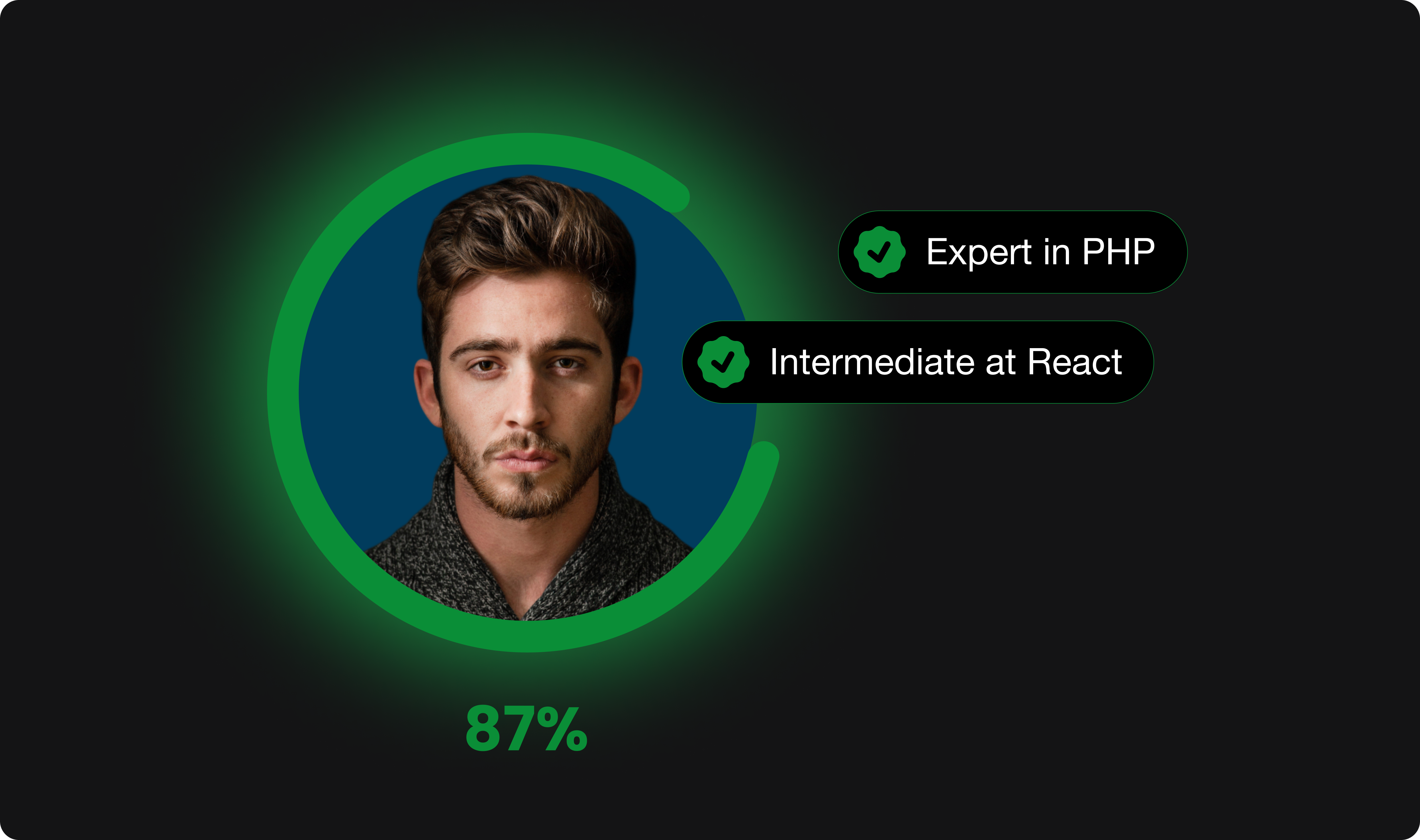 A man Picture with green outline surronding expert in php and react