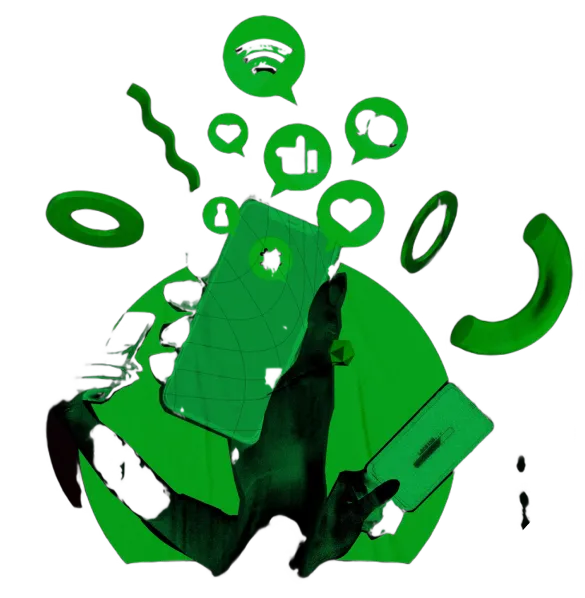 someone holding a cell phone in their hand with a green glow while heart thumbnail logo spooting top of it