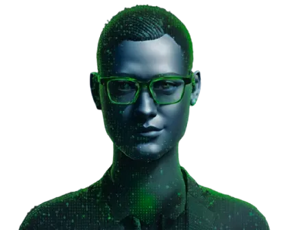 An Ai Image Generated of a human Wearing Green Color Glases and black skin color
