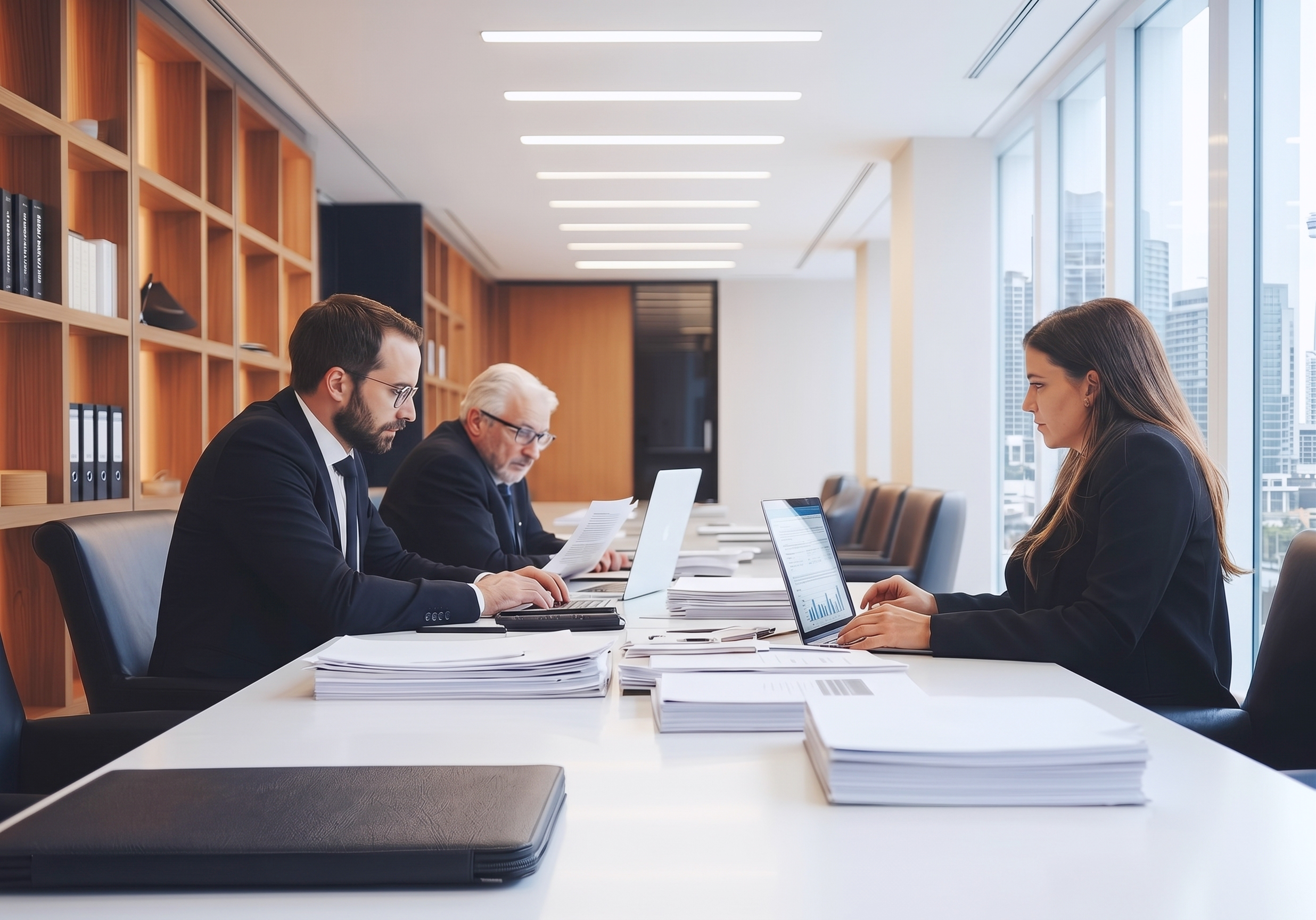 Lawyers reviewing case files in a conference room, with documents and laptops on the table.