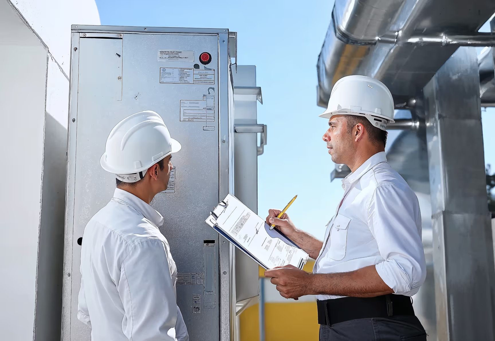 A facility manager and building engineer inspecting an HVAC system, clipboard in hand