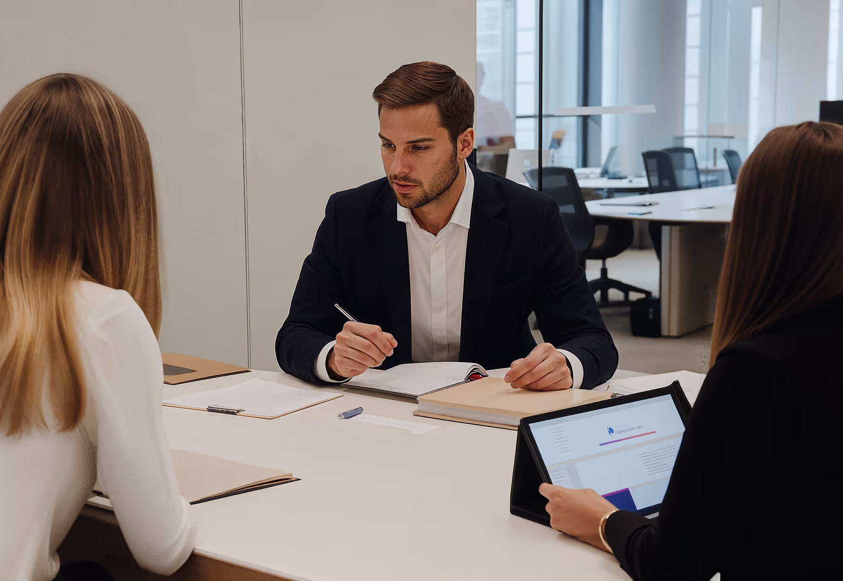 A consultant interviewing employees about their workspace needs, taking notes in an open office environment.