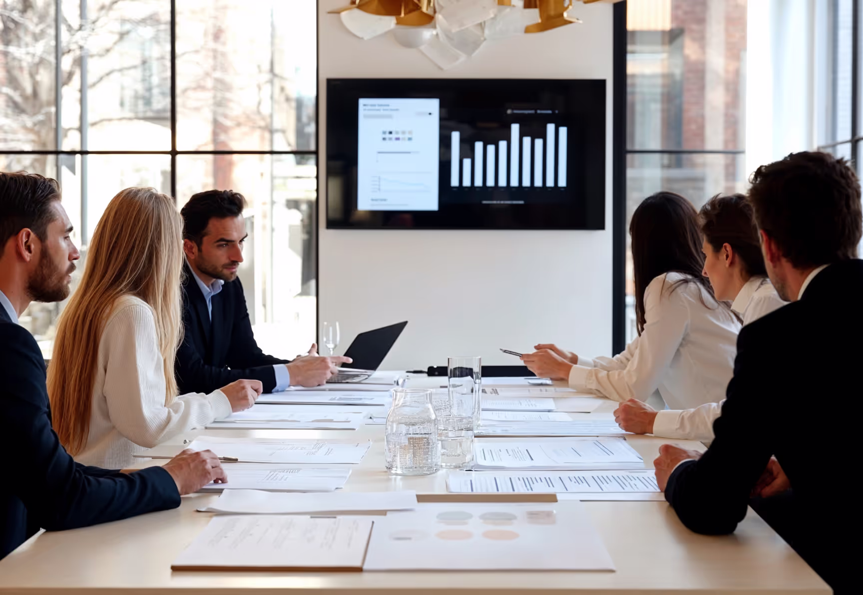 A team reviewing printed property reports and spreadsheets spread across a large conference table, with one person explaining key metrics to the group.