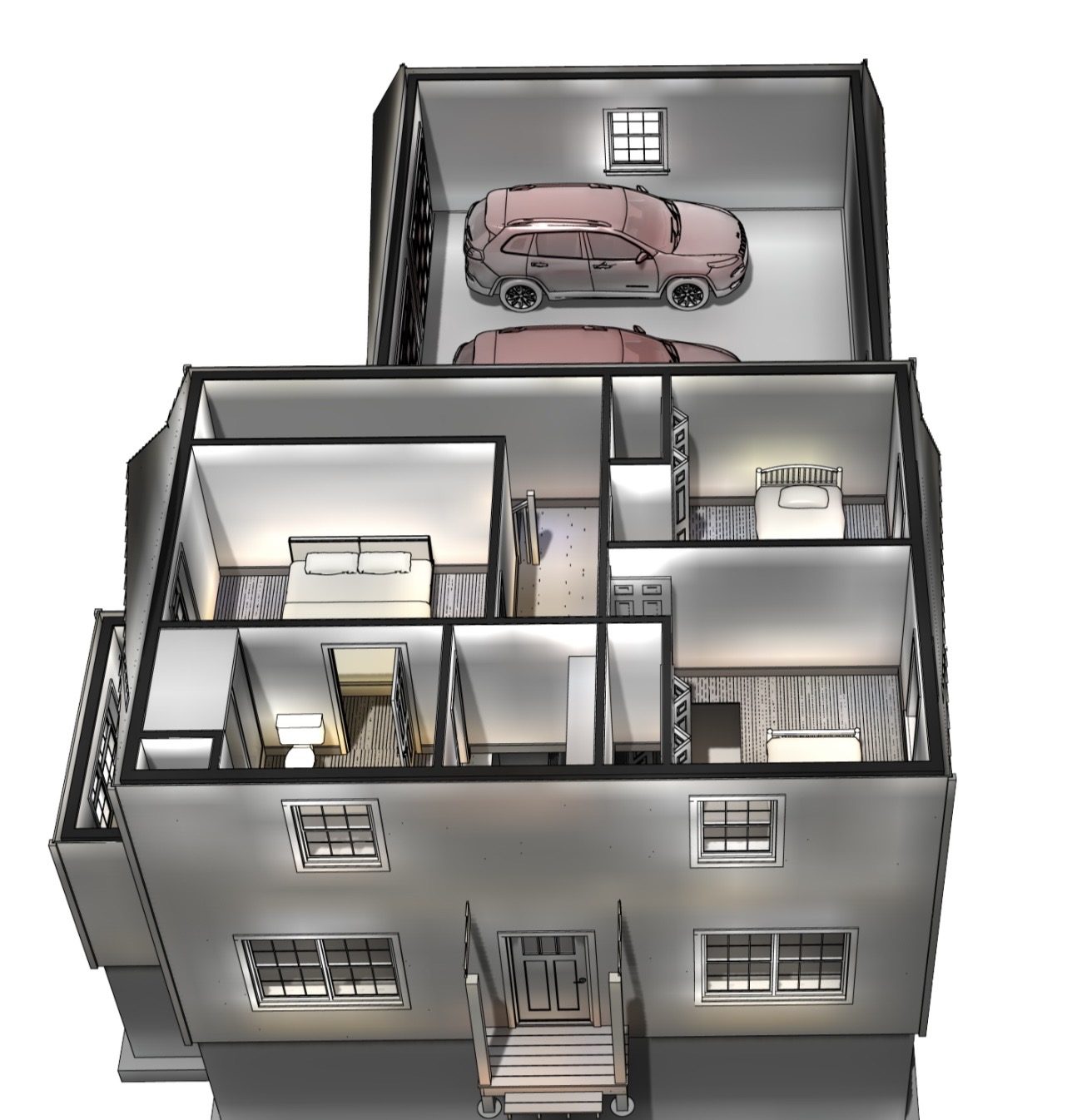 Cutaway plan of the second level showing three bedrooms, a shared bath and a walk-in closet off the master