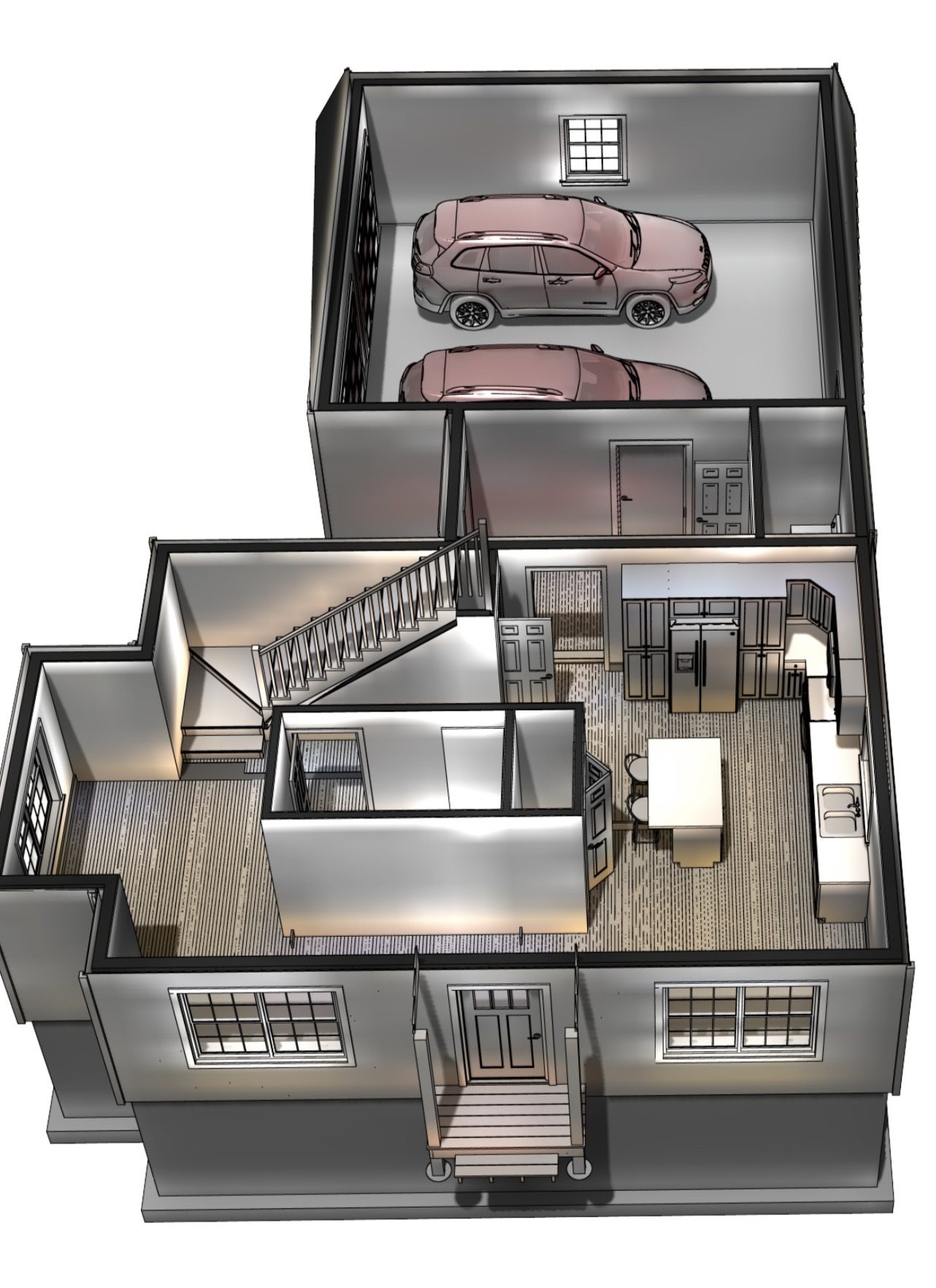 Cutaway plan of the main level showing the new kitchen with island, open living space, staircase and attached garage