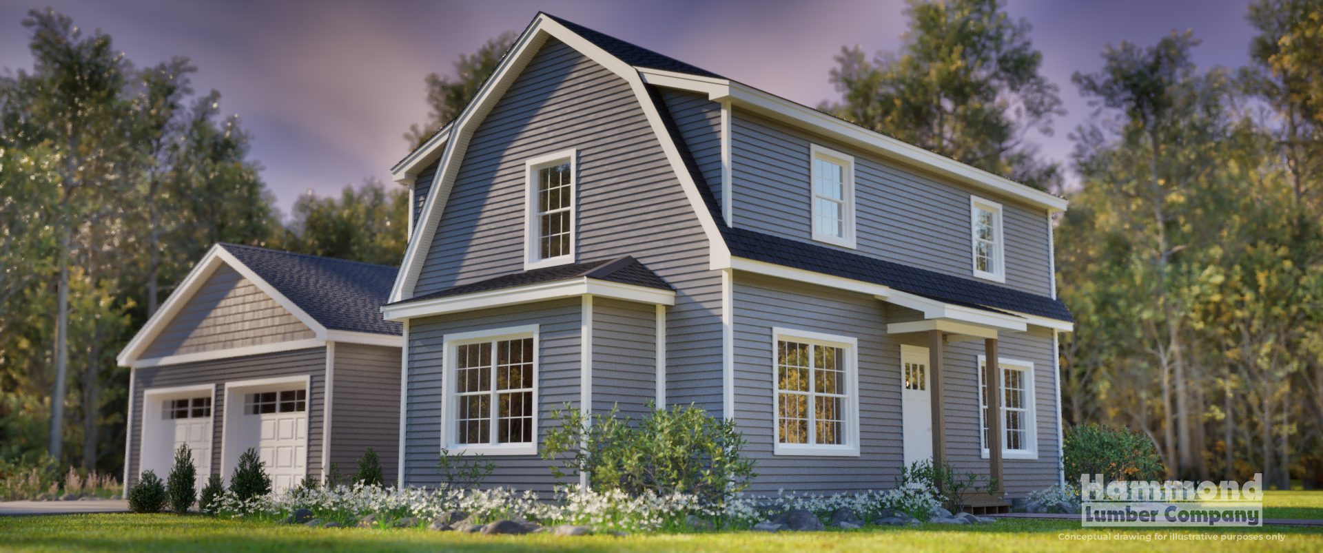 Rendering of the finished Hampden house: gambrel roof, grey siding, white trim and a new two-car garage