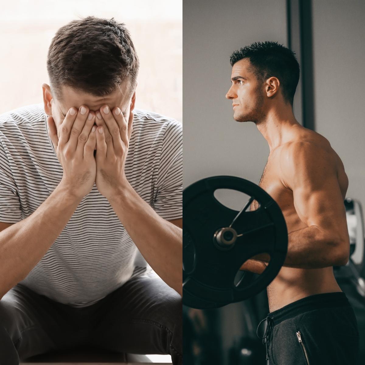Two images of the same male. Left is stressed and tired. The right is energized and exercising.