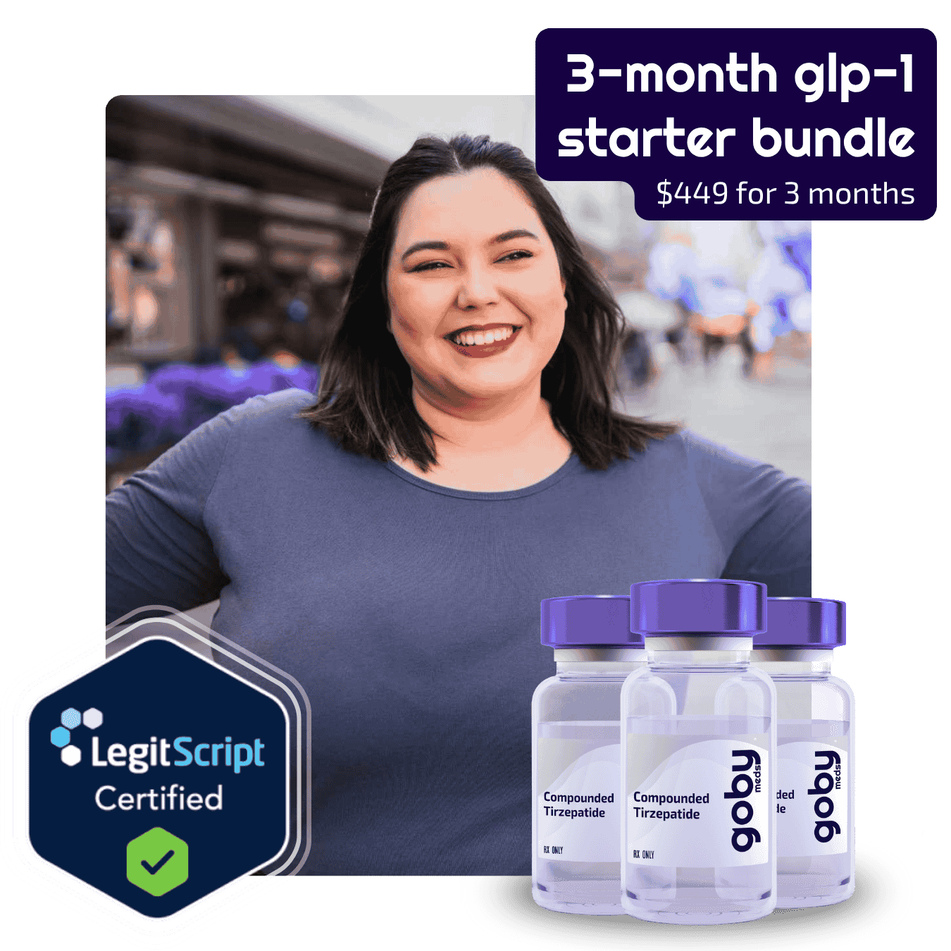 Happy girl smiling with compounded tirzepatide vials in front of her. Top right corner says 3-month glp-1 starter bundle $449 for 3 months