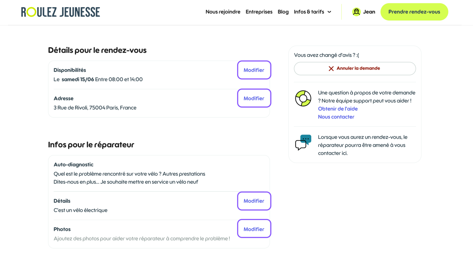 Page d'une demande non encore acceptée, avec un bouton Modifier en face des disponibilités, de l'adresse, des détails et des photos