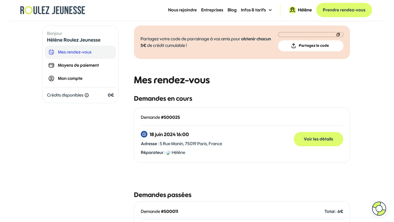Espace client affichant les demandes en cours et les demandes passées