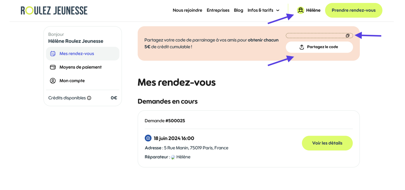 Section parrainage de l'espace client, avec le code et le bouton Partagez le code