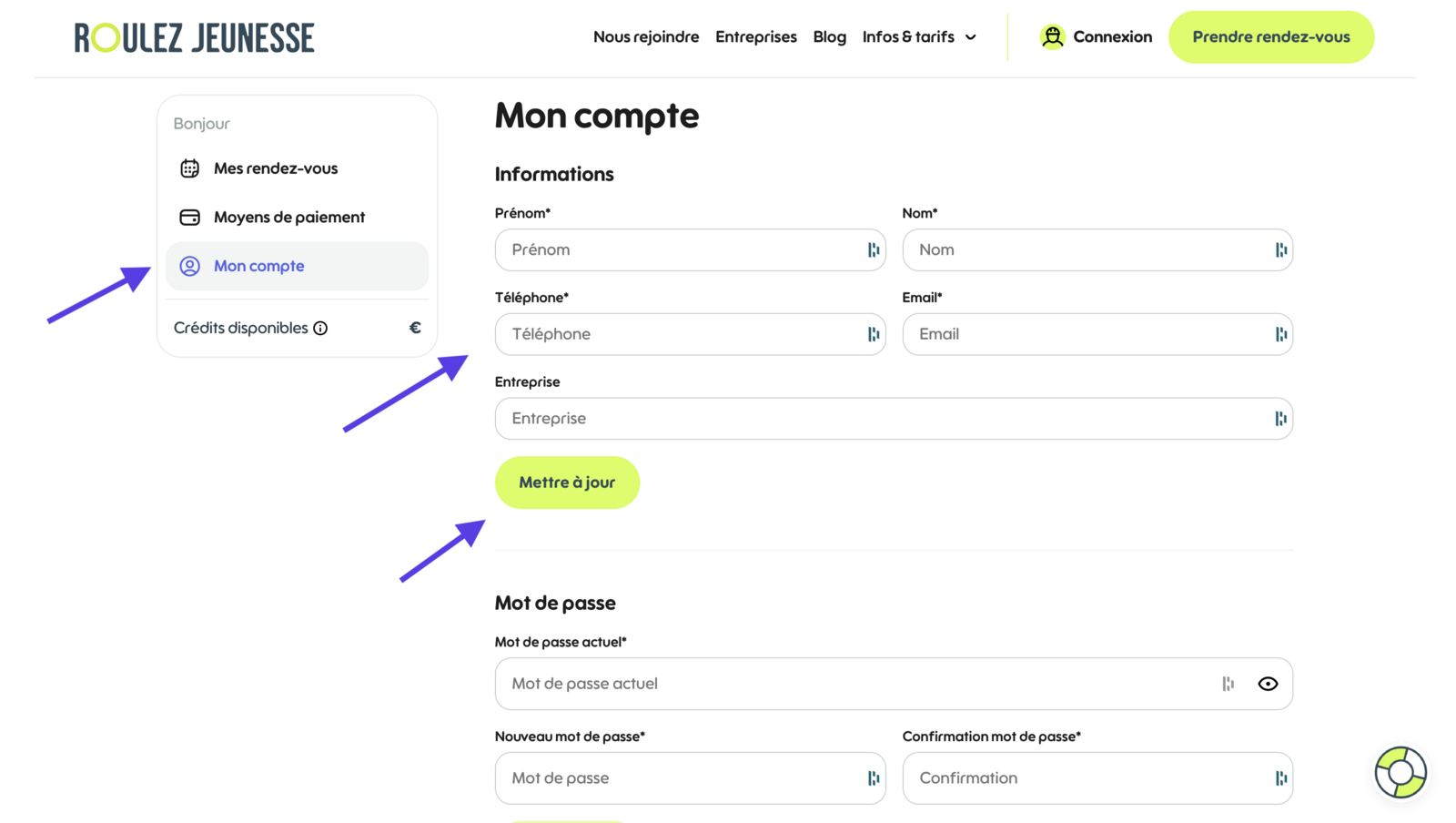 Écran Mon compte, avec les champs modifiables et le bouton Mettre à jour
