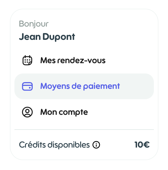 Menu de l'espace client, onglet Moyens de paiement sélectionné, avec le solde de crédits disponibles
