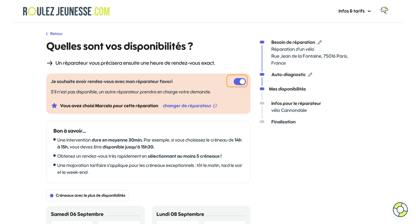 Option Je souhaite avoir rendez-vous avec mon réparateur favori activée à l'étape des disponibilités, avec le réparateur proposé et un lien pour en changer
