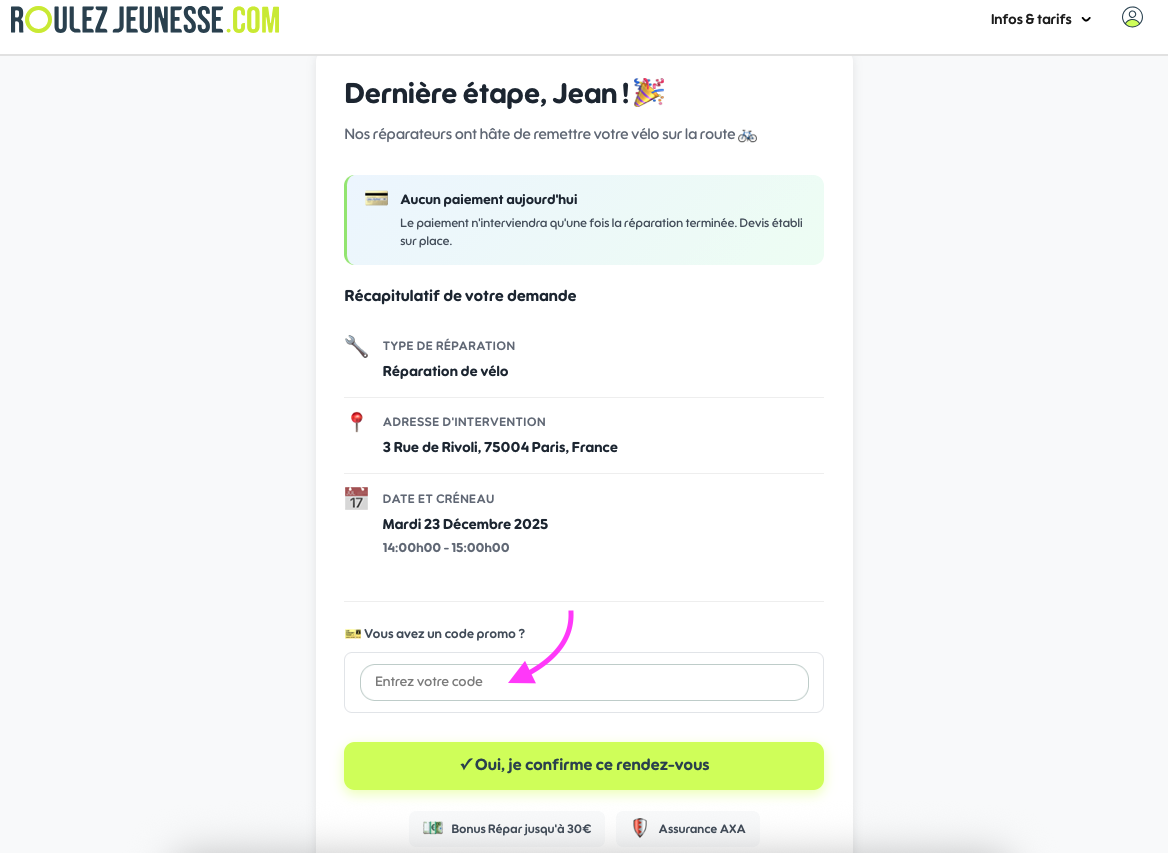 Champ code de réduction à l'étape de paiement de la réservation