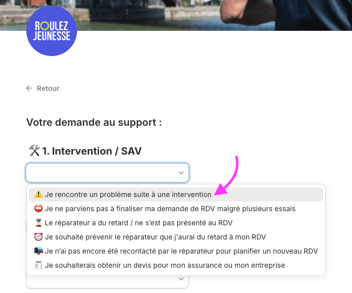Formulaire de demande au support, rubrique Intervention SAV, avec le motif problème suite à une intervention
