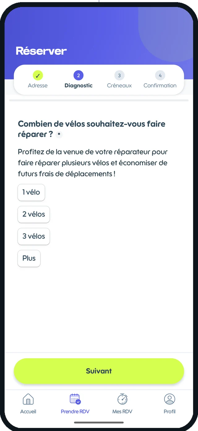 Écran de réservation de l'app Roulez Jeunesse, étape diagnostic : choix du nombre de vélos à faire réparer