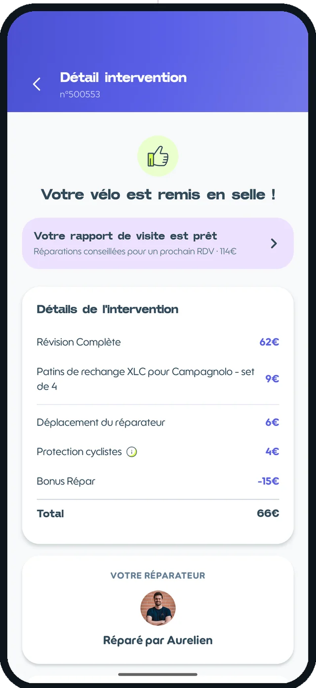 Détail d'une intervention dans l'app Roulez Jeunesse : liste des prestations, des pièces et total à payer