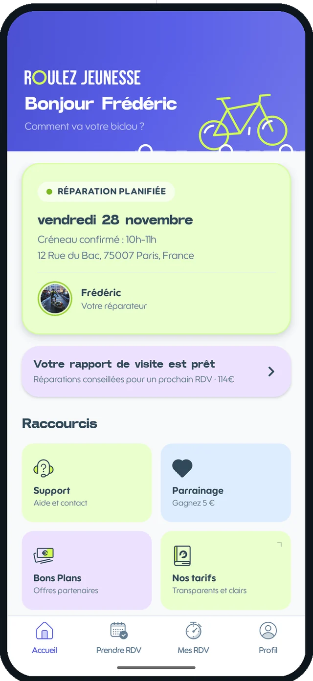 Accueil de l'app Roulez Jeunesse affichant une réparation planifiée le vendredi 28 novembre et le réparateur assigné