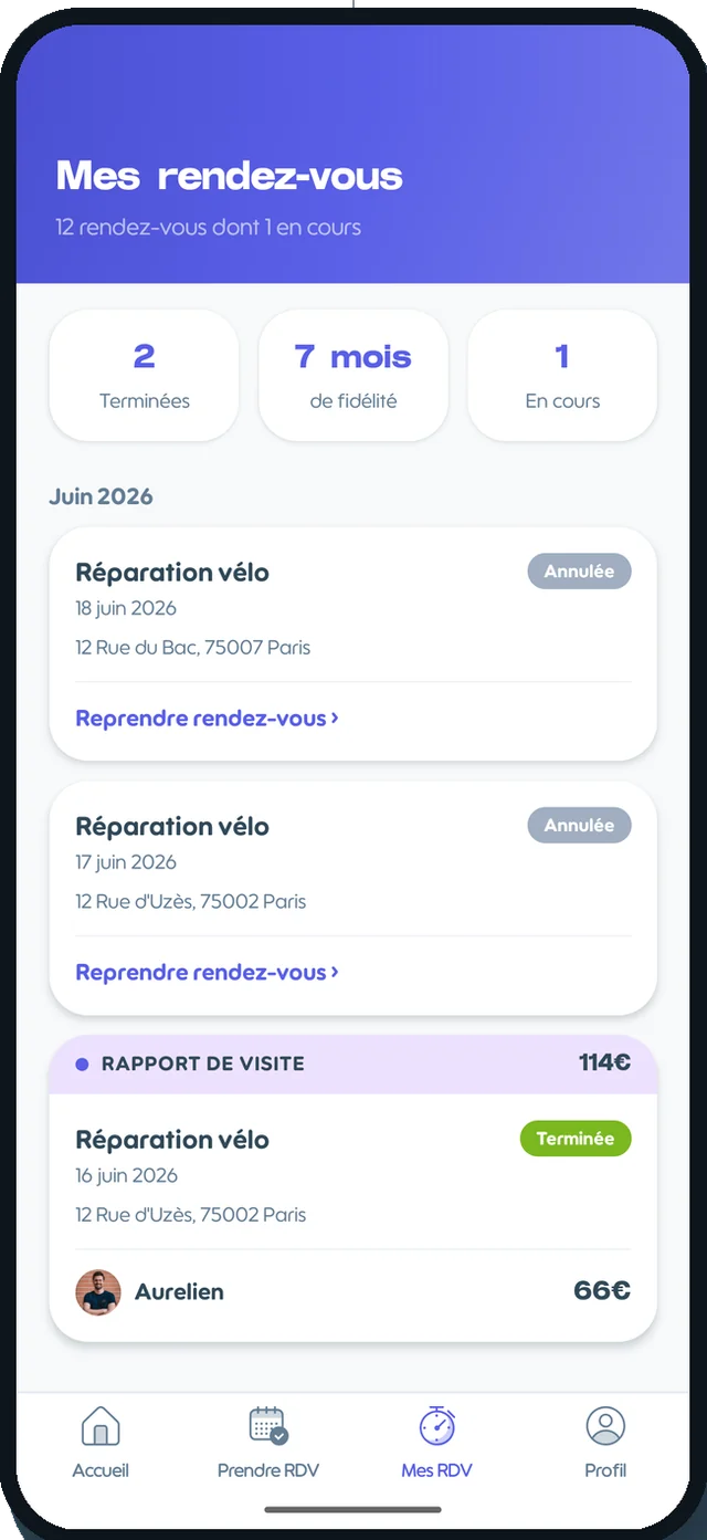 Historique des rendez-vous dans l'app Roulez Jeunesse, avec le statut et le montant de chaque intervention