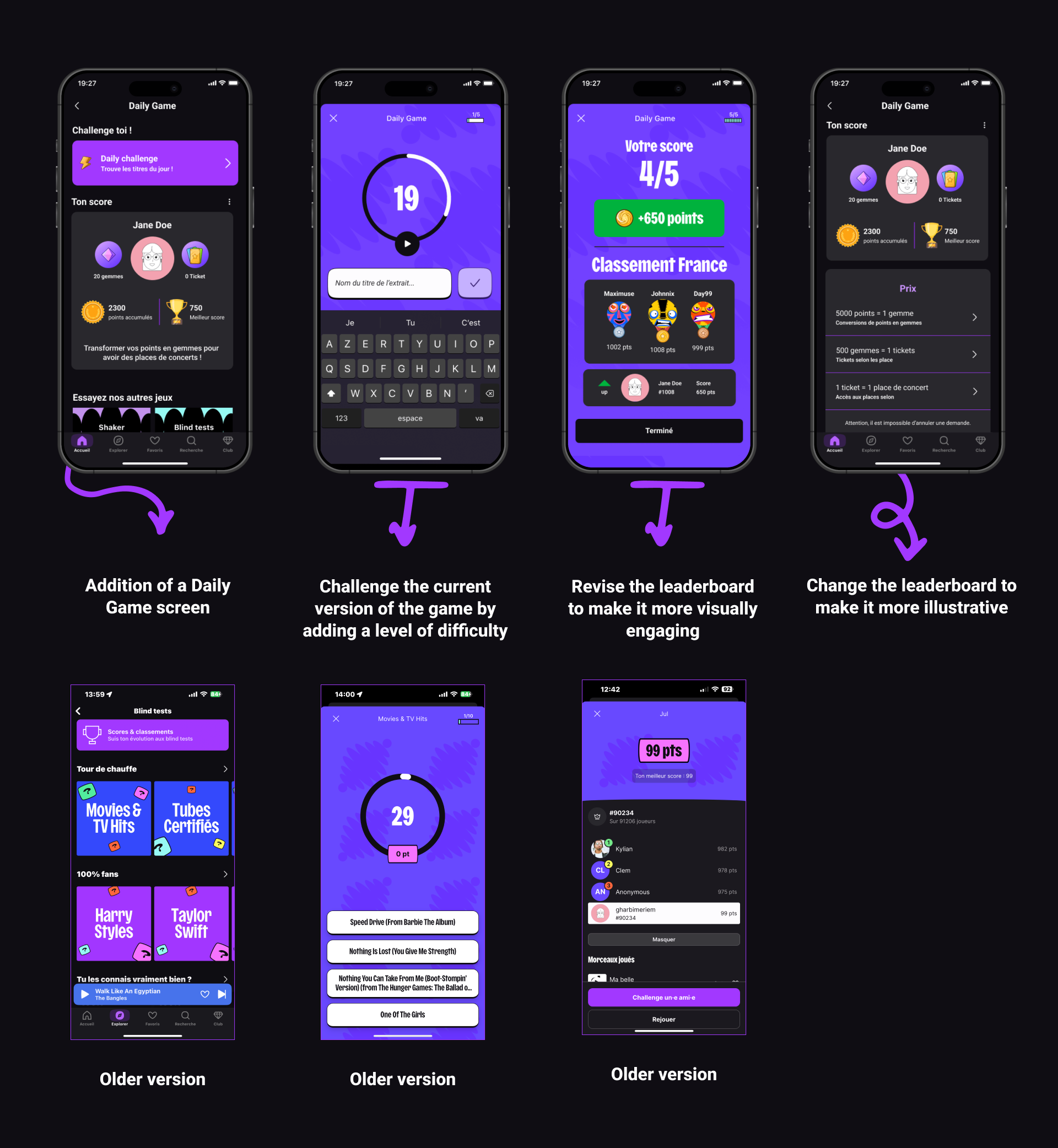 Deezer Daily Game UI screens showing the game interface and notification design