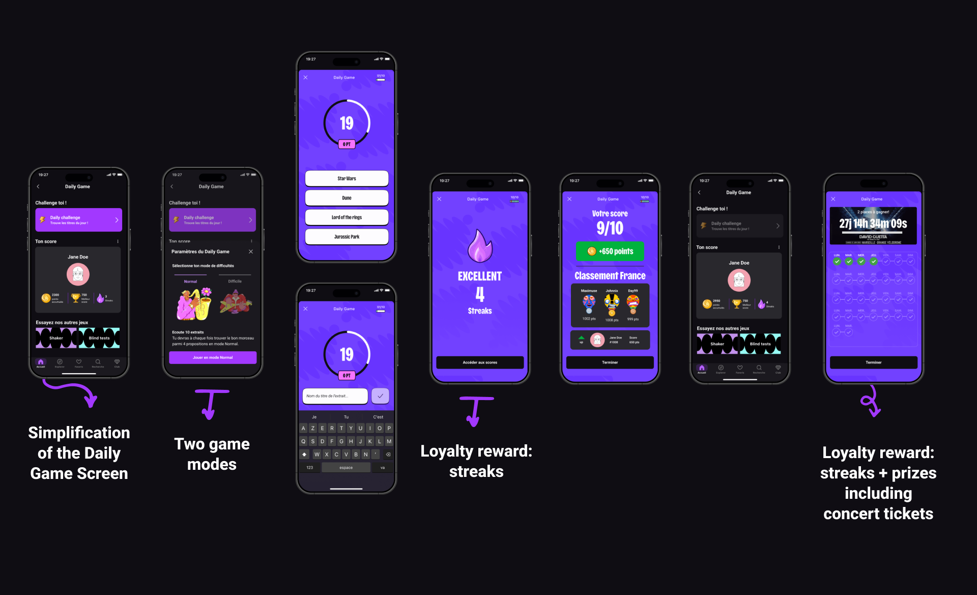 Final Deezer Daily Game screens after user testing iterations