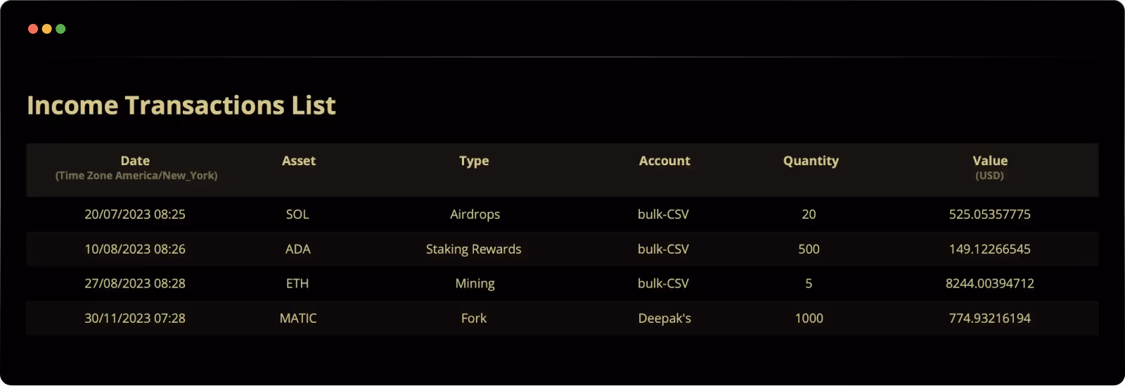 Income transactions report