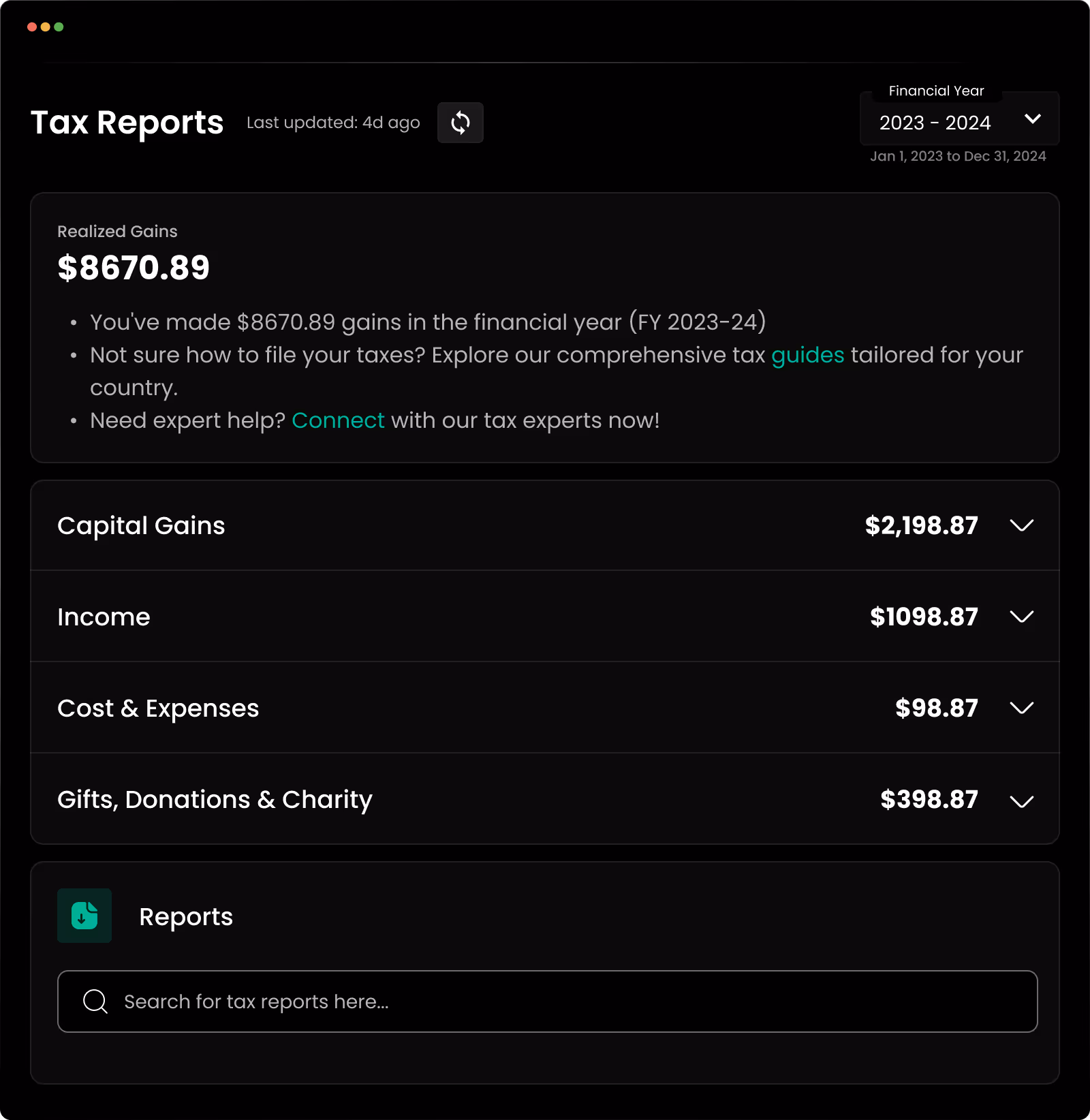 tax reports dashboard